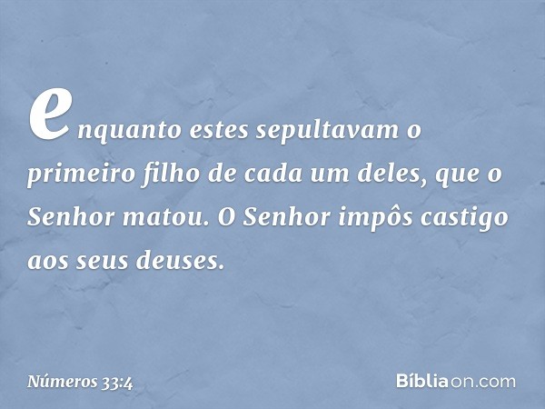 enquanto estes sepultavam o primeiro filho de cada um deles, que o Senhor matou. O Senhor impôs castigo aos seus deuses. -- Números 33:4