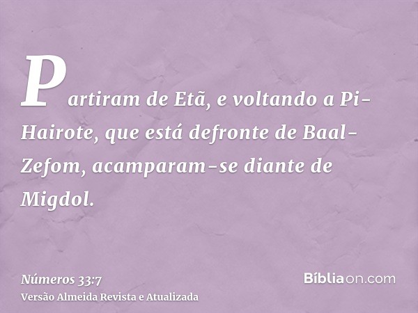 Partiram de Etã, e voltando a Pi-Hairote, que está defronte de Baal-Zefom, acamparam-se diante de Migdol.