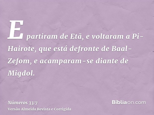 E partiram de Etã, e voltaram a Pi-Hairote, que está defronte de Baal-Zefom, e acamparam-se diante de Migdol.