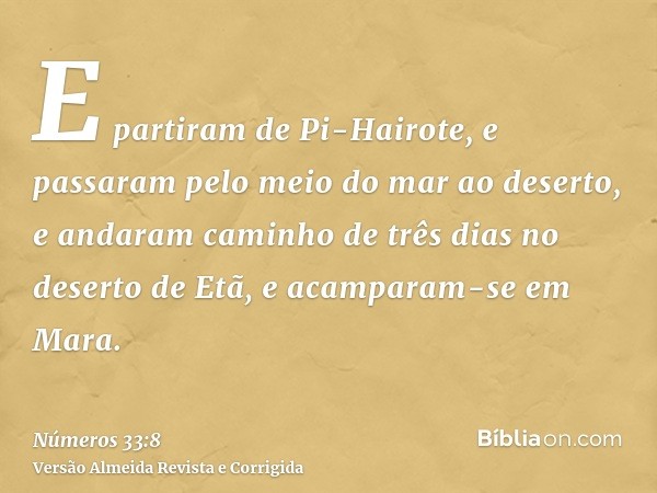 E partiram de Pi-Hairote, e passaram pelo meio do mar ao deserto, e andaram caminho de três dias no deserto de Etã, e acamparam-se em Mara.