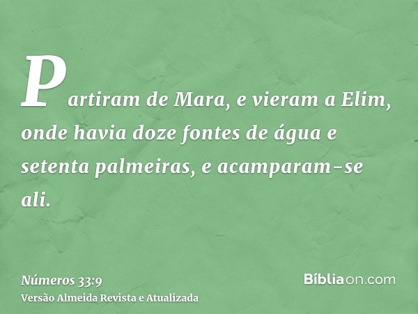 Partiram de Mara, e vieram a Elim, onde havia doze fontes de água e setenta palmeiras, e acamparam-se ali.