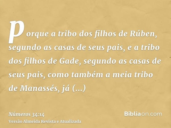 porque a tribo dos filhos de Rúben, segundo as casas de seus pais, e a tribo dos filhos de Gade, segundo as casas de seus pais, como também a meia tribo de Mana