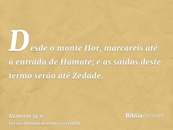 Desde o monte Hor, marcareis até à entrada de Hamate; e as saídas deste termo serão até Zedade.