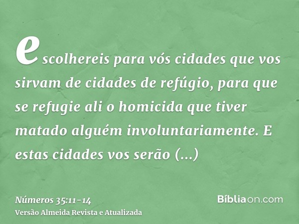 escolhereis para vós cidades que vos sirvam de cidades de refúgio, para que se refugie ali o homicida que tiver matado alguém involuntariamente.E estas cidades 