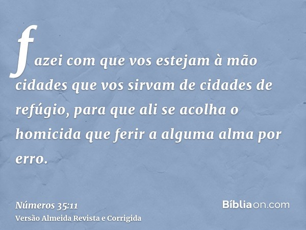 fazei com que vos estejam à mão cidades que vos sirvam de cidades de refúgio, para que ali se acolha o homicida que ferir a alguma alma por erro.