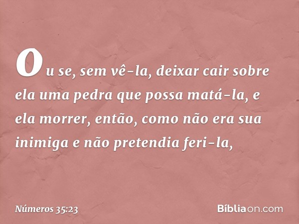 ou se, sem vê-la, deixar cair sobre ela uma pedra que possa matá-la, e ela morrer, então, como não era sua inimiga e não pretendia feri-la, -- Números 35:23