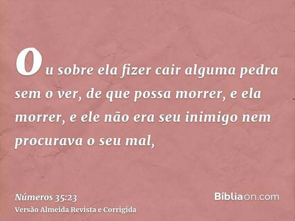ou sobre ela fizer cair alguma pedra sem o ver, de que possa morrer, e ela morrer, e ele não era seu inimigo nem procurava o seu mal,