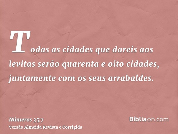 Todas as cidades que dareis aos levitas serão quarenta e oito cidades, juntamente com os seus arrabaldes.