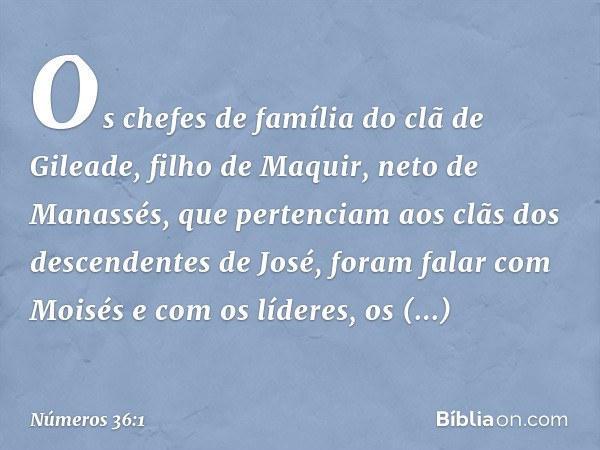 Os chefes de família do clã de Gileade, filho de Maquir, neto de Manassés, que pertenciam aos clãs dos descendentes de José, foram falar com Moisés e com os líd