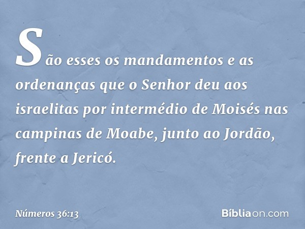 São esses os mandamentos e as ordenanças que o Senhor deu aos israelitas por intermédio de Moisés nas campinas de Moabe, junto ao Jordão, frente a Jericó. -- Nú