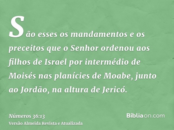 São esses os mandamentos e os preceitos que o Senhor ordenou aos filhos de Israel por intermédio de Moisés nas planícies de Moabe, junto ao Jordão, na altura de