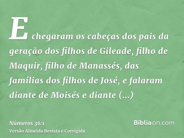 E chegaram os cabeças dos pais da geração dos filhos de Gileade, filho de Maquir, filho de Manassés, das famílias dos filhos de José, e falaram diante de Moisés