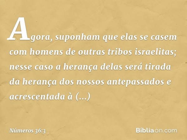 Agora, suponham que elas se casem com homens de outras tribos israelitas; nesse caso a herança delas será tirada da herança dos nossos antepassados e acrescenta