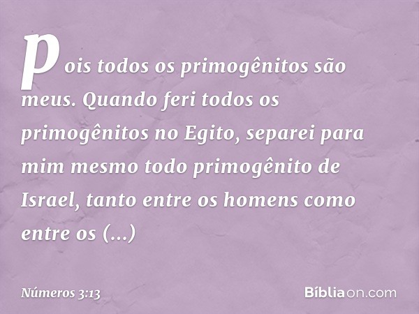 pois todos os primogênitos são meus. Quando feri todos os primogênitos no Egito, separei para mim mesmo todo primogênito de Israel, tanto entre os homens como e