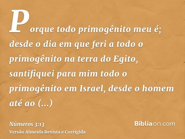Porque todo primogênito meu é; desde o dia em que feri a todo o primogênito na terra do Egito, santifiquei para mim todo o primogênito em Israel, desde o homem 