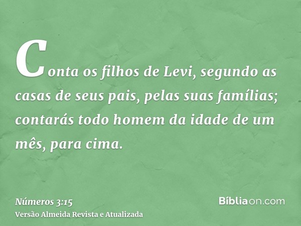 Conta os filhos de Levi, segundo as casas de seus pais, pelas suas famílias; contarás todo homem da idade de um mês, para cima.