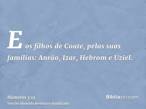 E os filhos de Coate, pelas suas famílias: Anrão, Izar, Hebrom e Uziel.