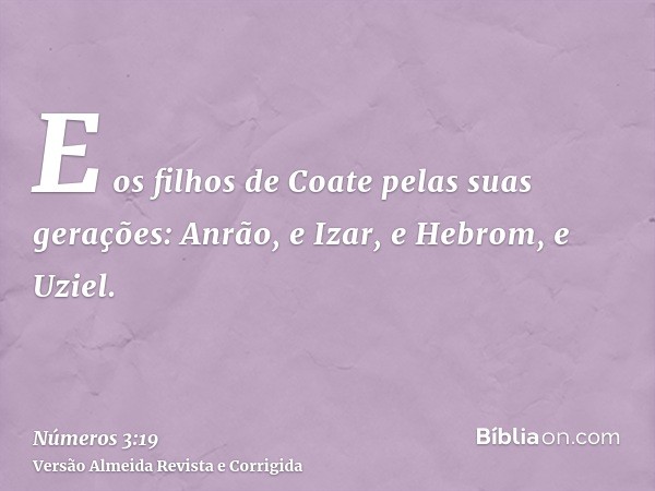 E os filhos de Coate pelas suas gerações: Anrão, e Izar, e Hebrom, e Uziel.