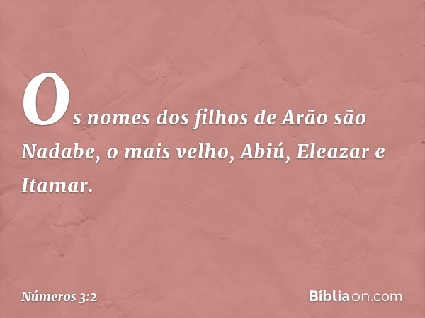 Os nomes dos filhos de Arão são Nadabe, o mais velho, Abiú, Eleazar e Itamar. -- Números 3:2