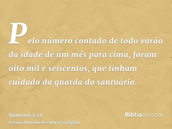 Pelo número contado de todo varão da idade de um mês para cima, foram oito mil e seiscentos, que tinham cuidado da guarda do santuário.