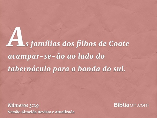 As famílias dos filhos de Coate acampar-se-ão ao lado do tabernáculo para a banda do sul.