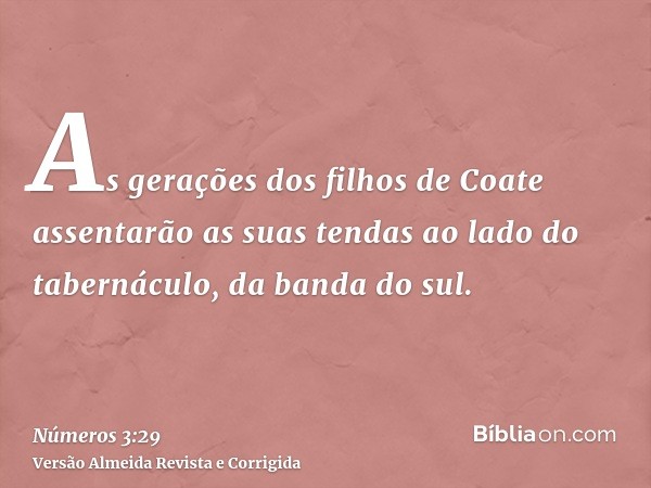 As gerações dos filhos de Coate assentarão as suas tendas ao lado do tabernáculo, da banda do sul.