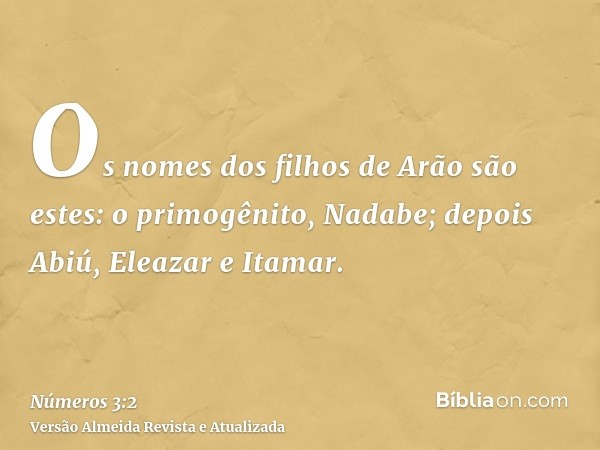 Os nomes dos filhos de Arão são estes: o primogênito, Nadabe; depois Abiú, Eleazar e Itamar.