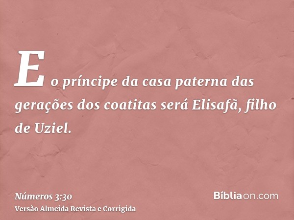 E o príncipe da casa paterna das gerações dos coatitas será Elisafã, filho de Uziel.