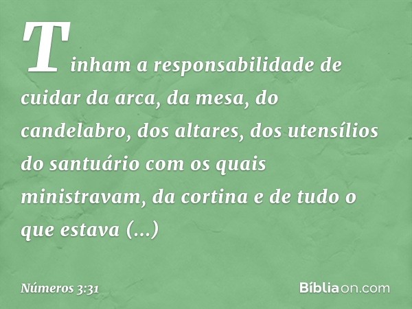 Tinham a responsabilidade de cuidar da arca, da mesa, do candelabro, dos altares, dos utensílios do santuário com os quais ministravam, da cortina e de tudo o q