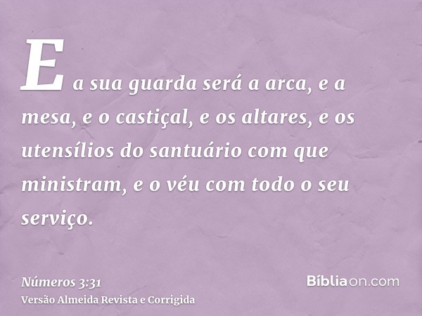 E a sua guarda será a arca, e a mesa, e o castiçal, e os altares, e os utensílios do santuário com que ministram, e o véu com todo o seu serviço.
