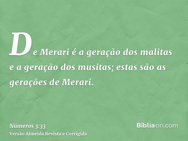 De Merari é a geração dos malitas e a geração dos musitas; estas são as gerações de Merari.