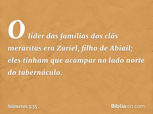 O líder das famílias dos clãs meraritas era Zuriel, filho de Abiail; eles tinham que acampar no lado norte do tabernáculo. -- Números 3:35