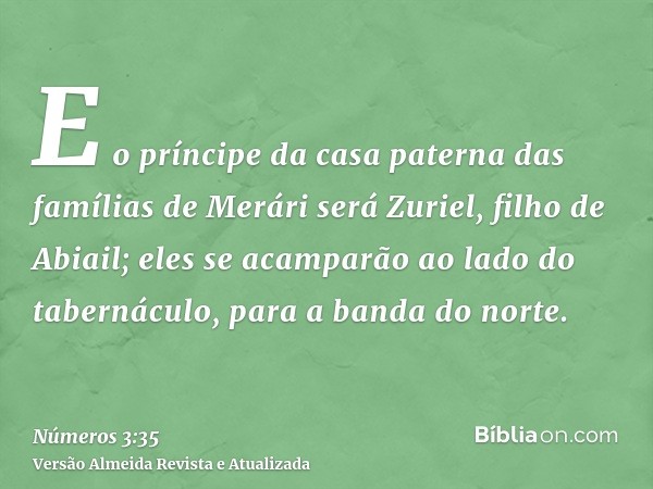 E o príncipe da casa paterna das famílias de Merári será Zuriel, filho de Abiail; eles se acamparão ao lado do tabernáculo, para a banda do norte.