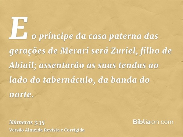 E o príncipe da casa paterna das gerações de Merari será Zuriel, filho de Abiail; assentarão as suas tendas ao lado do tabernáculo, da banda do norte.