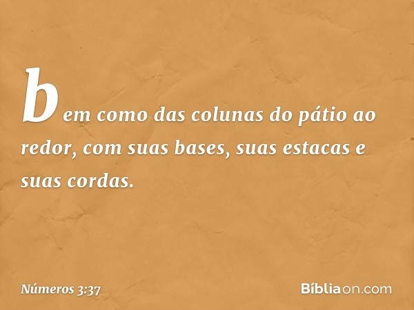 bem como das colunas do pátio ao redor, com suas bases, suas estacas e suas cordas. -- Números 3:37