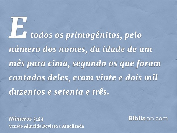 E todos os primogênitos, pelo número dos nomes, da idade de um mês para cima, segundo os que foram contados deles, eram vinte e dois mil duzentos e setenta e tr