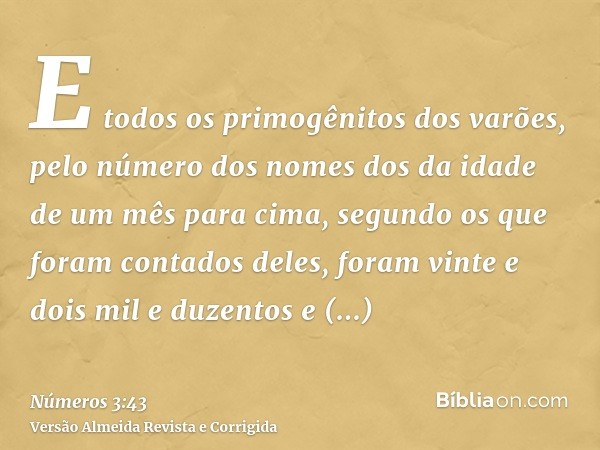E todos os primogênitos dos varões, pelo número dos nomes dos da idade de um mês para cima, segundo os que foram contados deles, foram vinte e dois mil e duzent