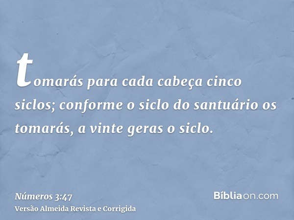 tomarás para cada cabeça cinco siclos; conforme o siclo do santuário os tomarás, a vinte geras o siclo.