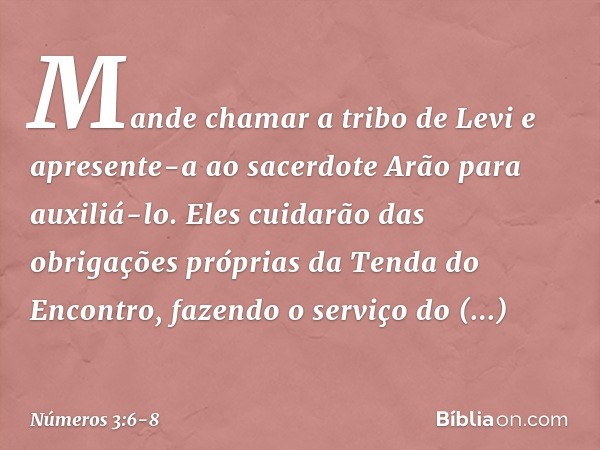 "Mande chamar a tribo de Levi e apresente-a ao sacerdote Arão para auxiliá-lo. Eles cuidarão das obrigações próprias da Tenda do Encontro, fazendo o serviço do