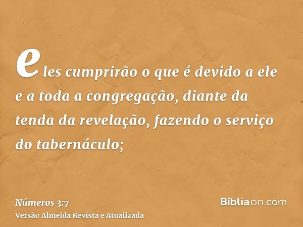 eles cumprirão o que é devido a ele e a toda a congregação, diante da tenda da revelação, fazendo o serviço do tabernáculo;