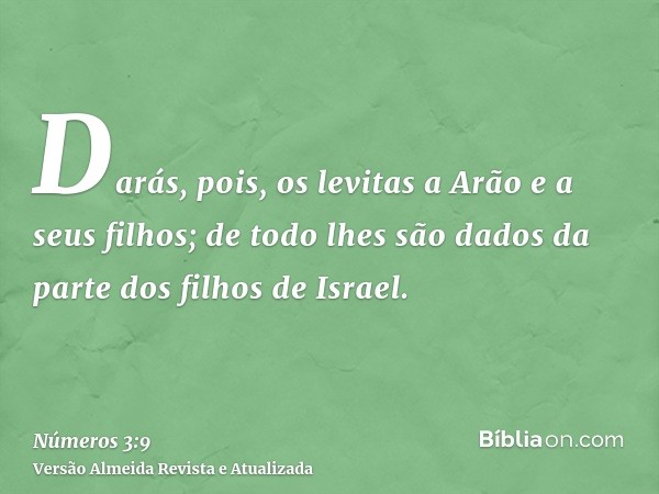 Darás, pois, os levitas a Arão e a seus filhos; de todo lhes são dados da parte dos filhos de Israel.