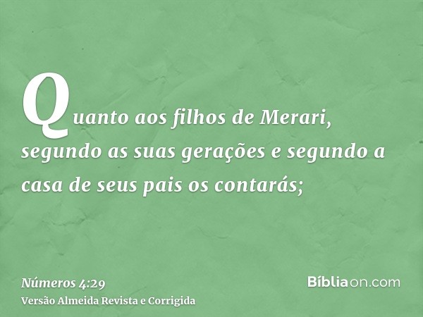 Quanto aos filhos de Merari, segundo as suas gerações e segundo a casa de seus pais os contarás;