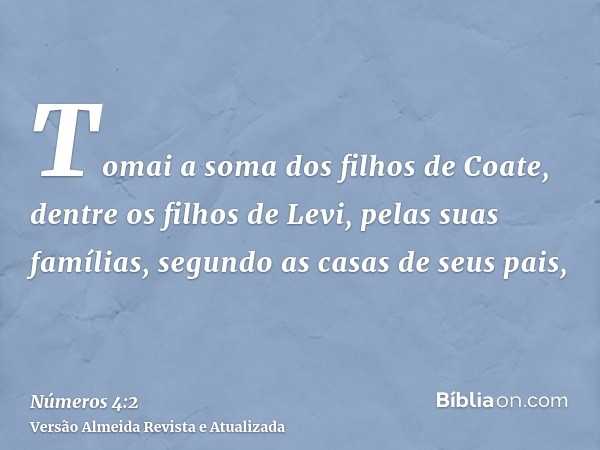 Tomai a soma dos filhos de Coate, dentre os filhos de Levi, pelas suas famílias, segundo as casas de seus pais,