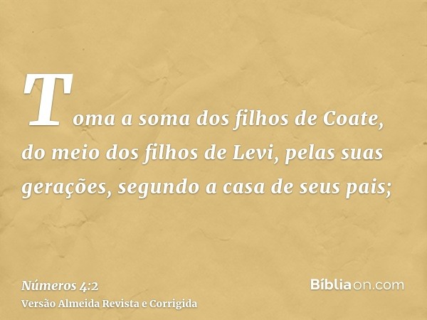 Toma a soma dos filhos de Coate, do meio dos filhos de Levi, pelas suas gerações, segundo a casa de seus pais;