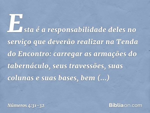 Esta é a responsabilidade deles no serviço que deverão realizar na Tenda do Encontro: carregar as armações do tabernáculo, seus travessões, suas colunas e suas 