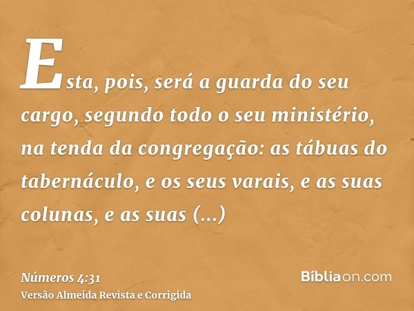 Esta, pois, será a guarda do seu cargo, segundo todo o seu ministério, na tenda da congregação: as tábuas do tabernáculo, e os seus varais, e as suas colunas, e
