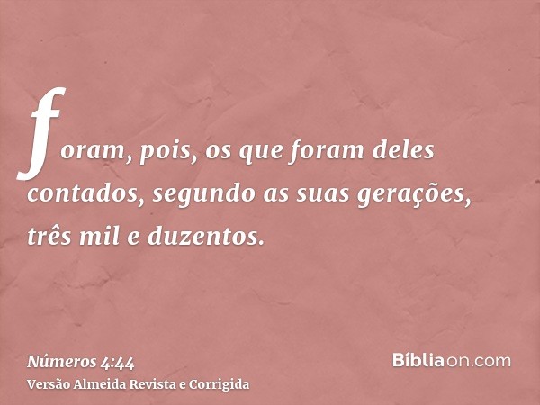 foram, pois, os que foram deles contados, segundo as suas gerações, três mil e duzentos.