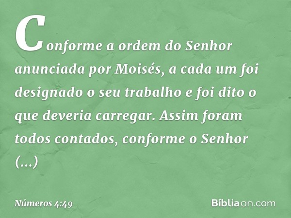 Conforme a ordem do Senhor anunciada por Moisés, a cada um foi designado o seu trabalho e foi dito o que deveria carregar.
Assim foram todos contados, conforme 