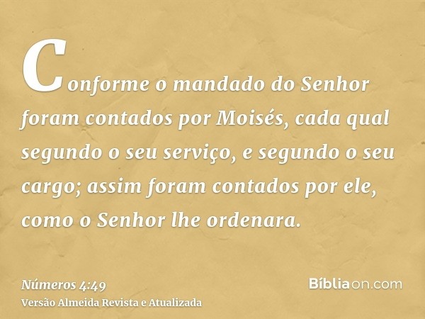 Conforme o mandado do Senhor foram contados por Moisés, cada qual segundo o seu serviço, e segundo o seu cargo; assim foram contados por ele, como o Senhor lhe 