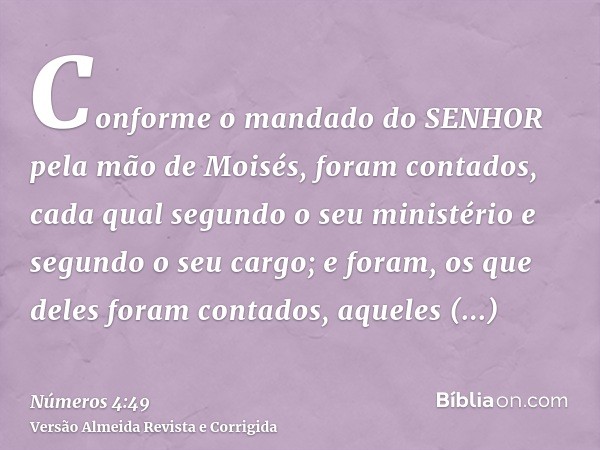 Conforme o mandado do SENHOR pela mão de Moisés, foram contados, cada qual segundo o seu ministério e segundo o seu cargo; e foram, os que deles foram contados,